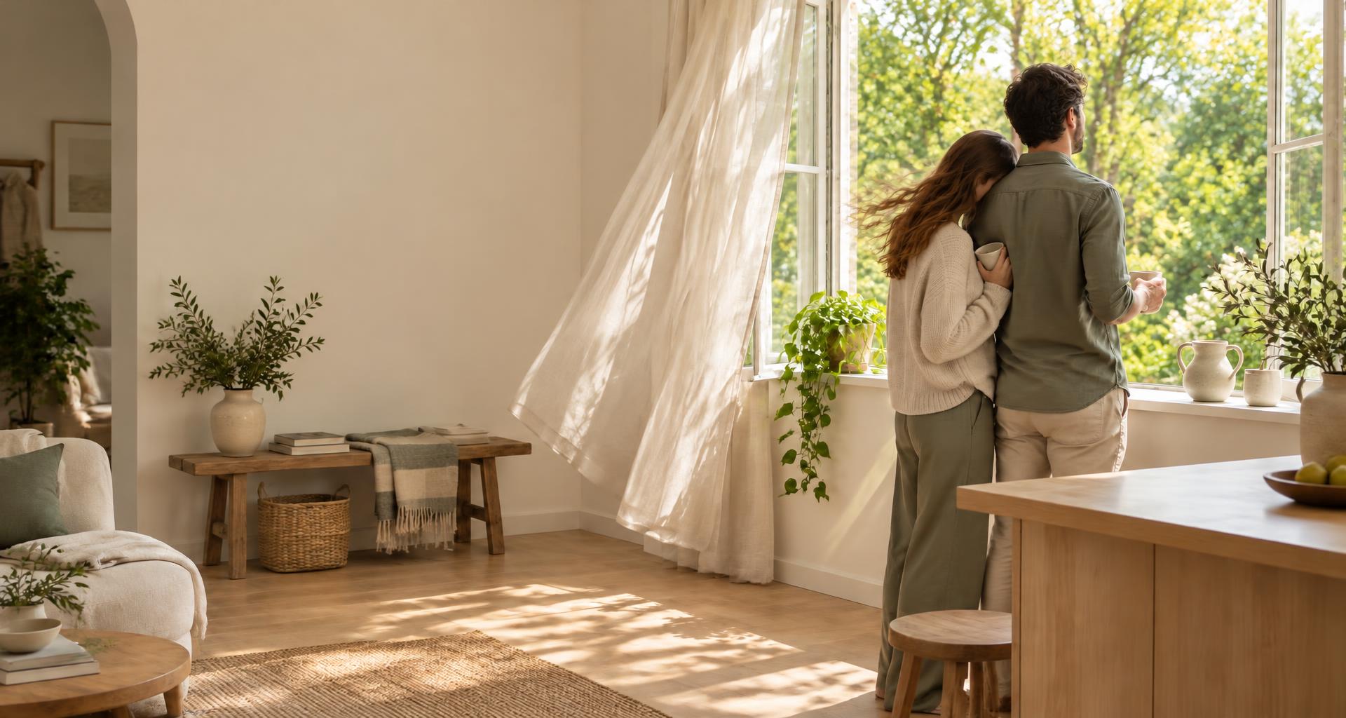 Een koppel staat samen aan een open raam in een lichte woonkamer, met frisse lucht van buiten